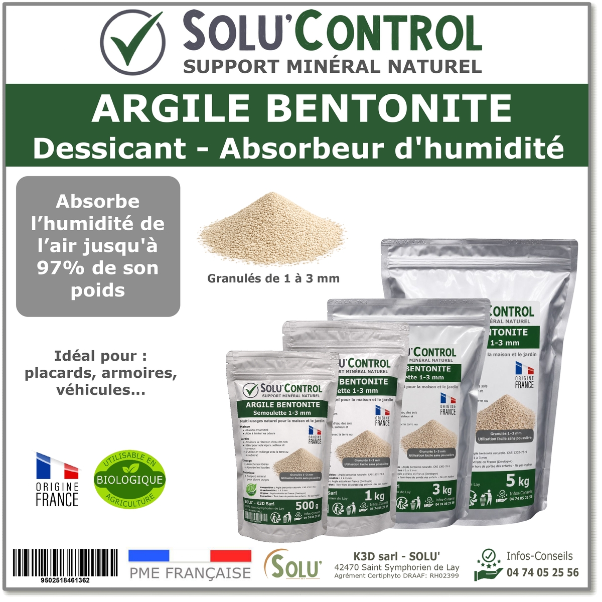Absorbeur d’Humidité Naturel - Argile Bentonite Semoulette, SOLU